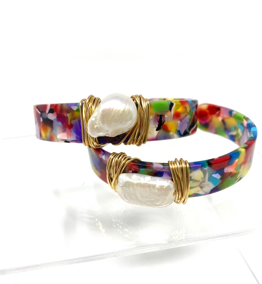 Multi Color Acrylic Bangle With Freshwater Baroque Pearl Wire Wrapped With Gold Filled Wire
