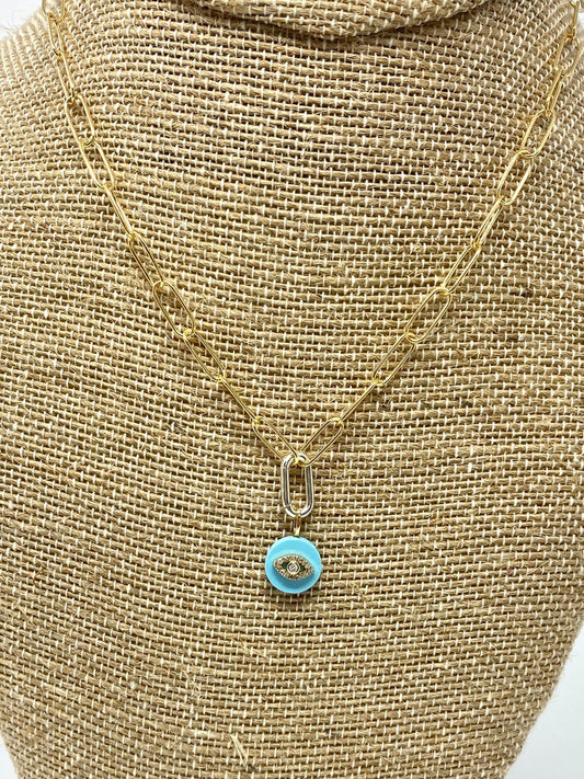 Gold Filled Medium Paper Clip Chain Necklace With Turquoise Enamel and Diamond Evil Eye Pendant