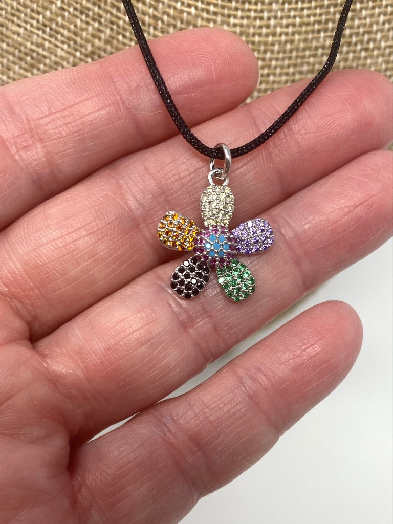 Black Nylon Cord Necklace With CZ Flower Pendant