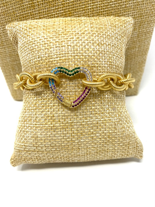 Heavy Gold Chain Bracelet With Rainbow Heart Carabiner