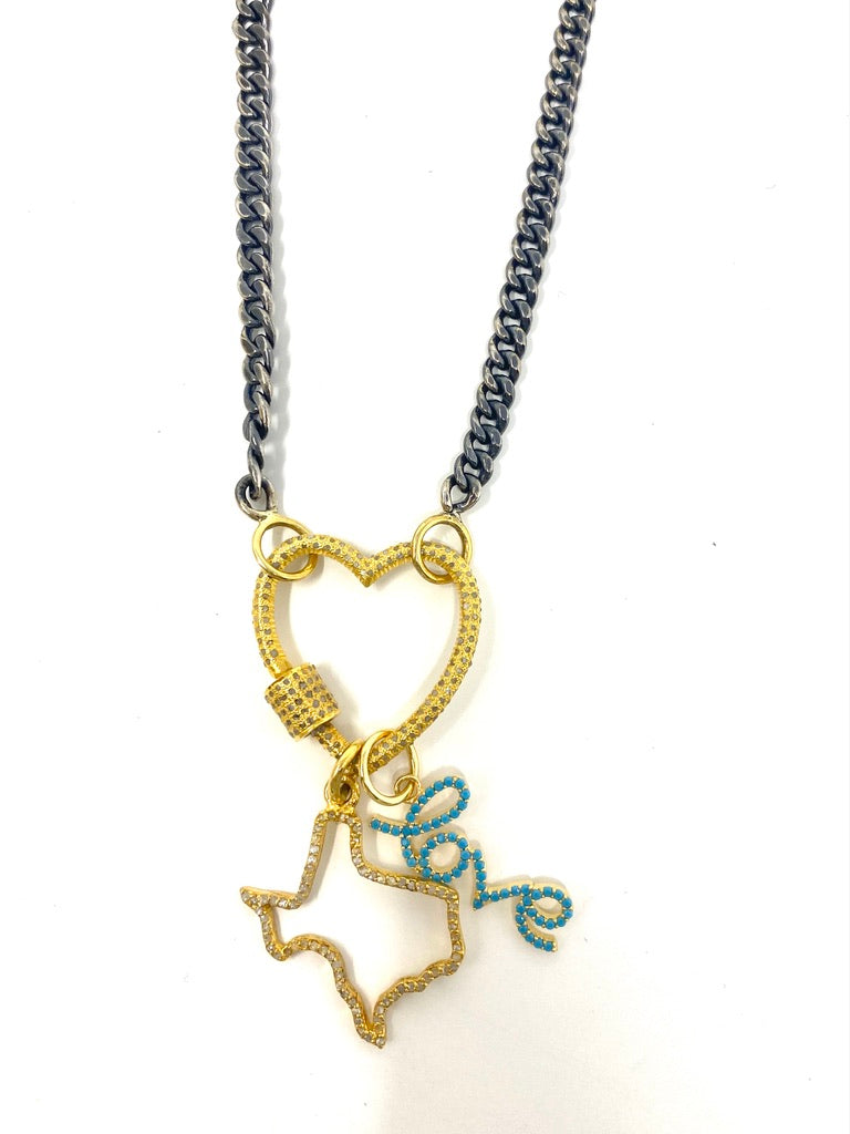 Oxidized Cable Chain Necklace With Diamond Heart Carabiner With Diamond Texas and Turquoise "Love" Pendants