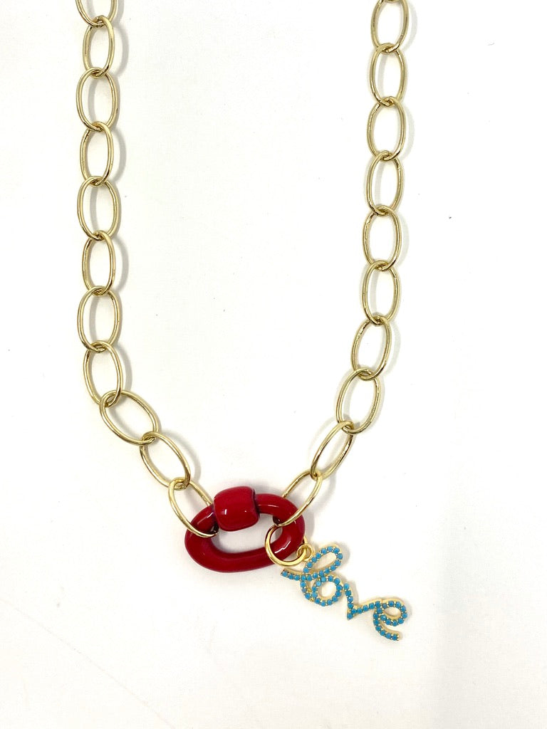 Gold Filled Chain Necklace With Red Enamel Carabiner and Turquoise "Love" Pendant