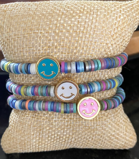 Metallic Rubber Disc Elastic Bracelet With Enamel Smiley Face