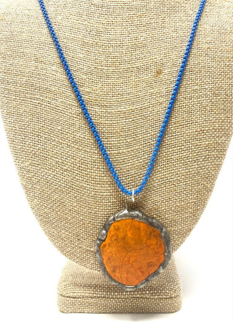 Blue Enamel Box Chain Necklace With Orange Soldered Stone Pendant