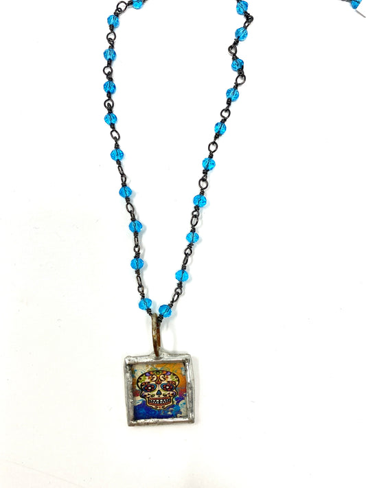 Blue Turquoise Crystal Rosary Style Necklace With Sugar Skull Pendant