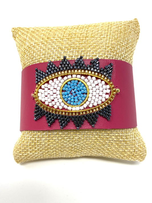 Hot Pink Leather Cuff Bracelet With Seed Bead Evil Eye