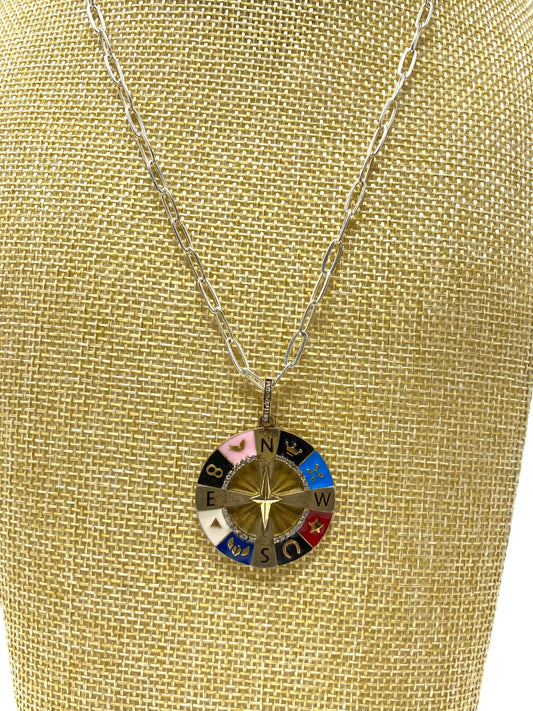 Multicolor Enamel and Diamond Compass Pendant on Sterling Silver Chain Necklace