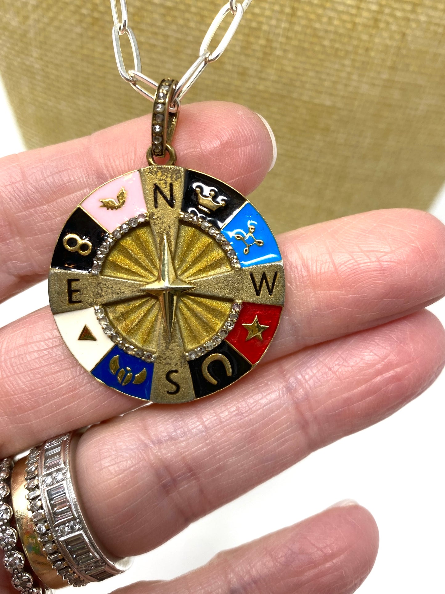 Multicolor Enamel and Diamond Compass Pendant on Sterling Silver Chain Necklace