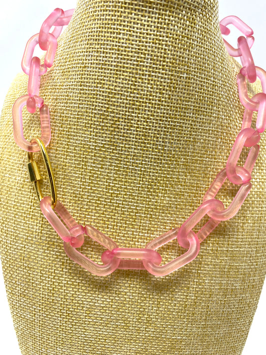 Pale Pink Matte Acrylic Link Necklace With Gold Metal Carabiner Clasp