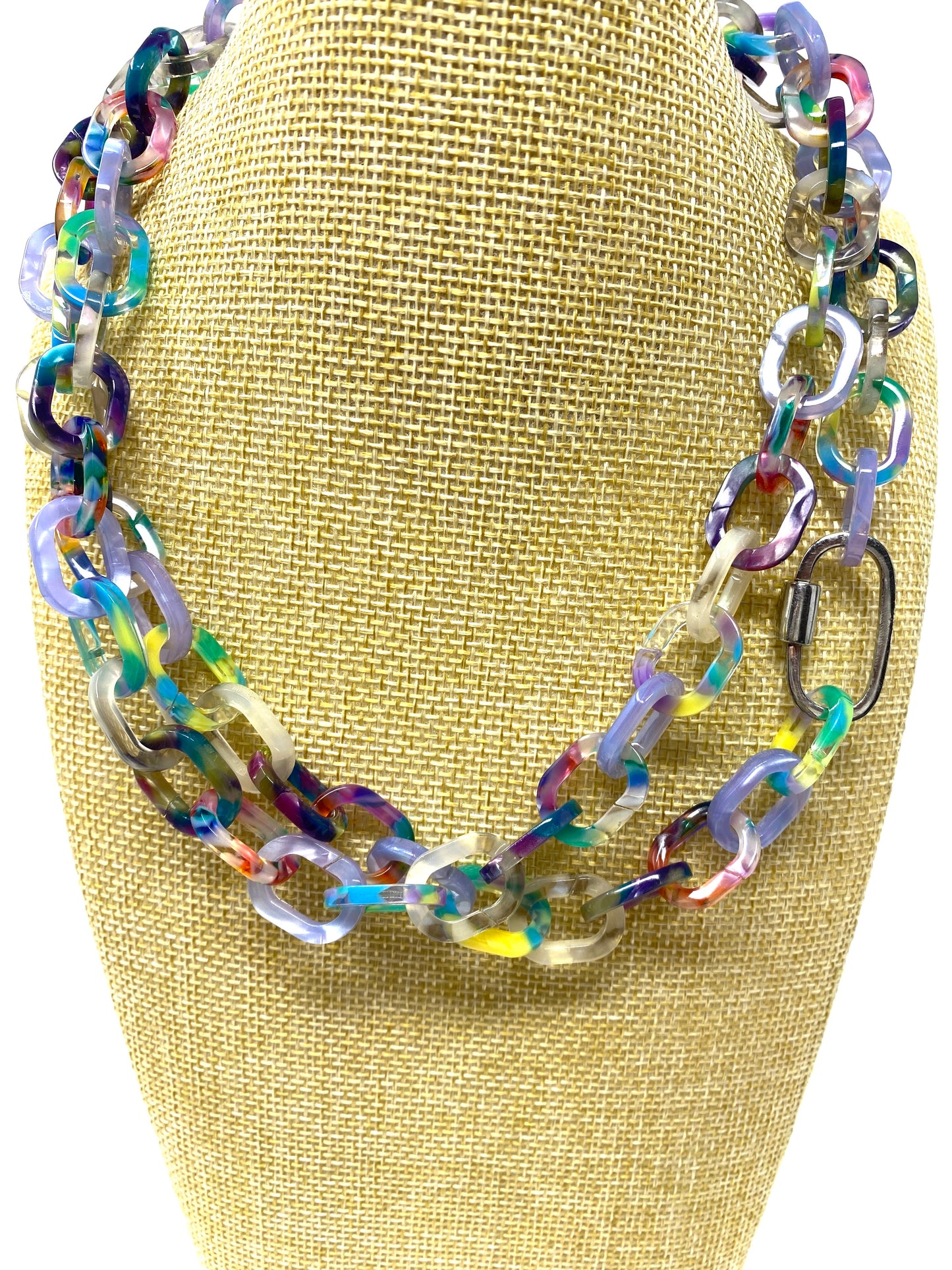 Multicolor Acrylic Link Necklace With Silver Carabiner Clasp