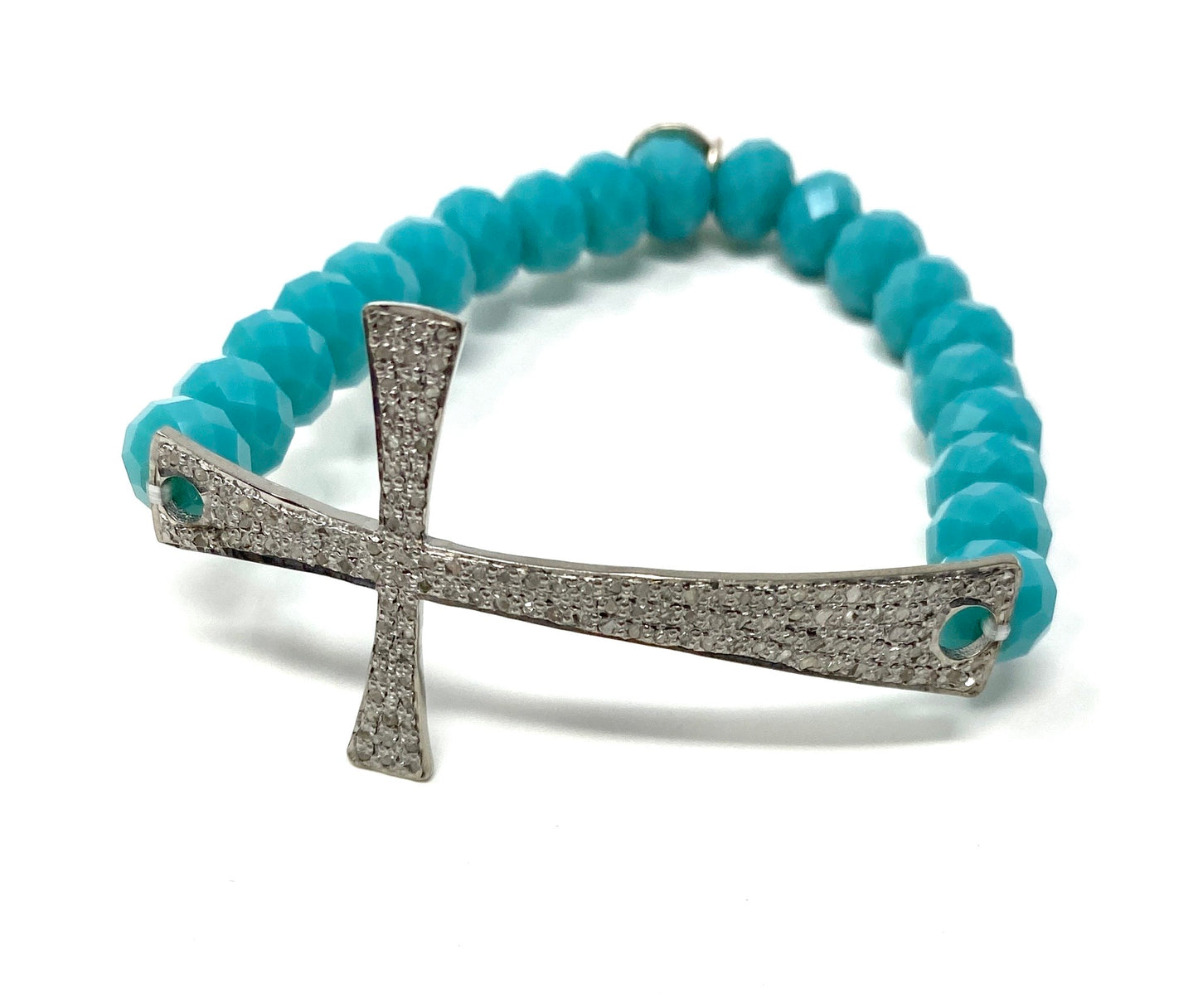 Pave Diamond Cross Connector With Blue Turquoise Rondelle Beaded Elastic Bracelet