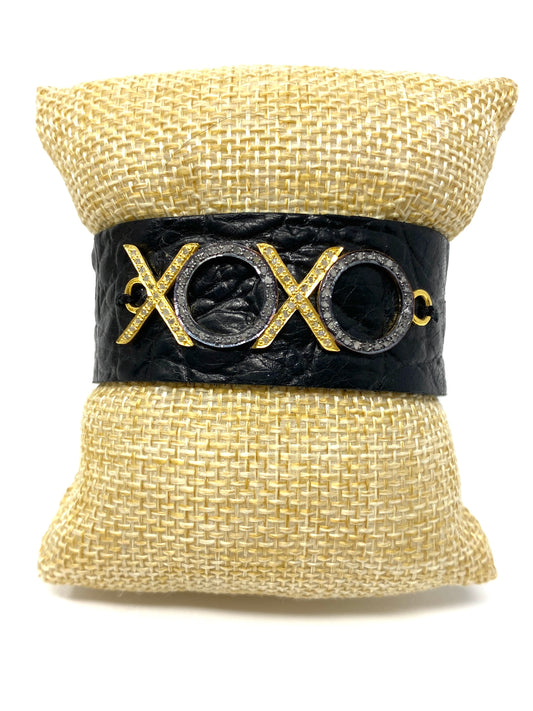 Black Leather Cuff Bracelet With Diamond "XOXO"