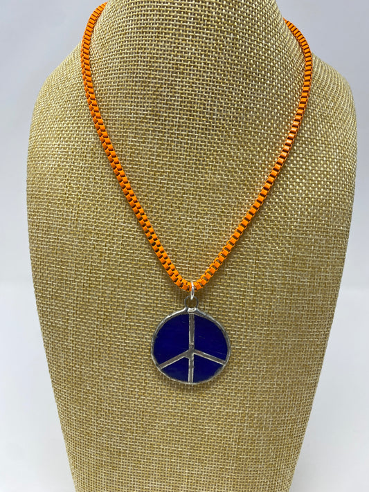 Orange Enamel Box Chain Necklace With Blue Soldered Peace Sign Pendant