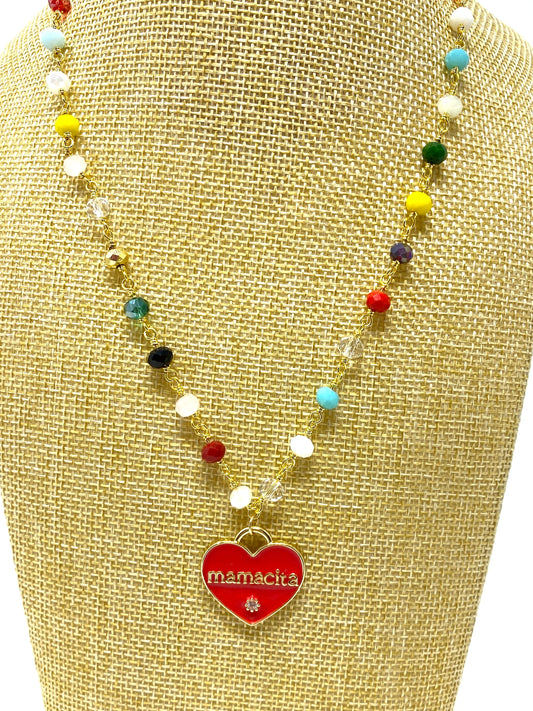 Red Enamel Heart "mamacita" Pendant on Multicolor Jewel Tone Rosary Style Necklace