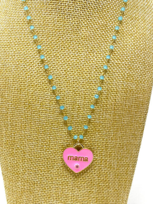 Pink Enamel "Mama" Pendant on Blue Turquoise Colored Rosary Style Necklace