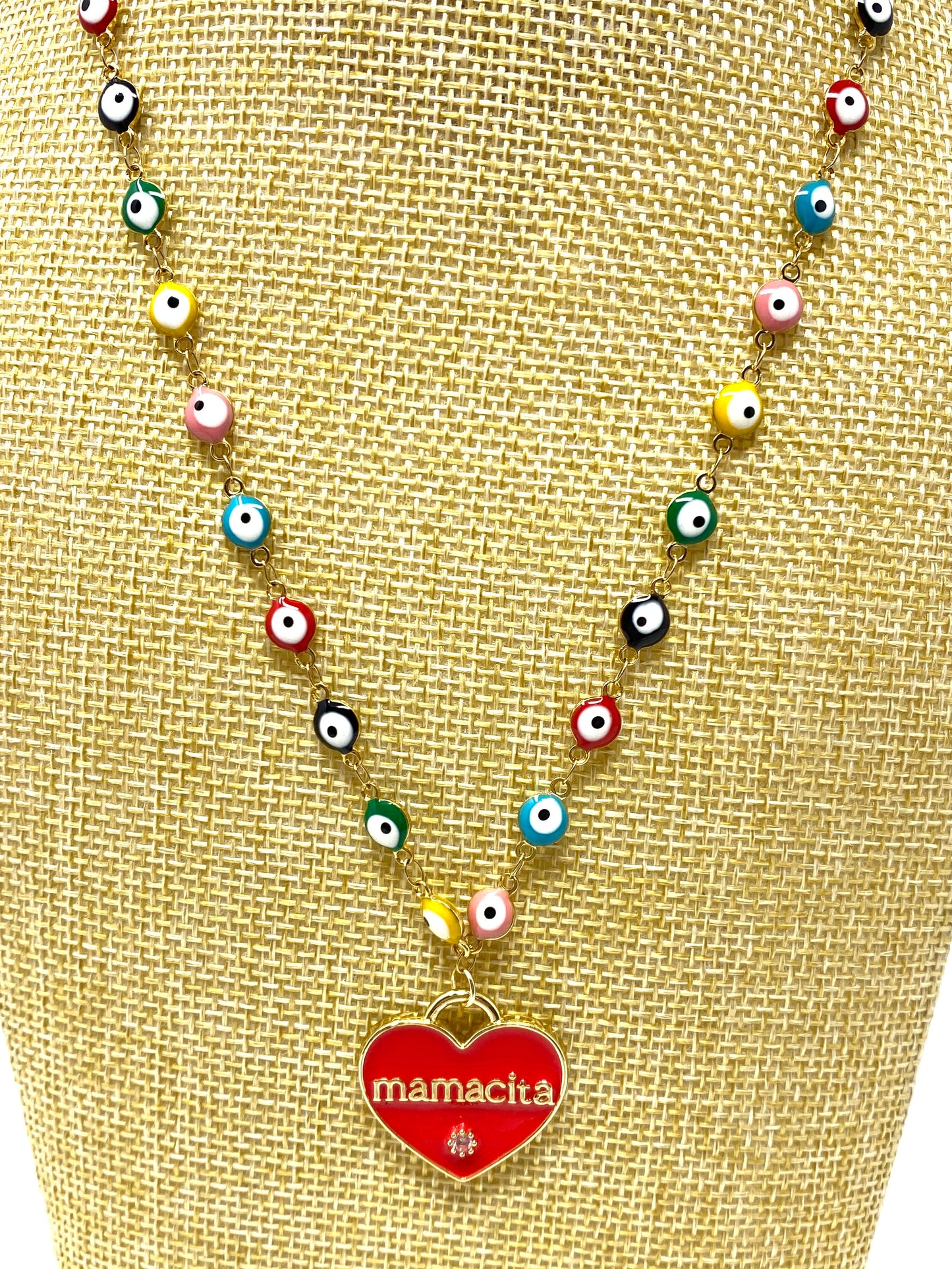 Red Enamel Heart "mamacita" Pendant on Enamel Evil Eye Chain Necklace