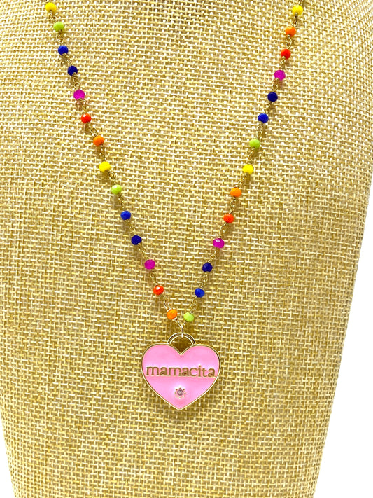 Pink Enamel Heart "mamacita" Pendant on Rainbow Rosary Style Necklace