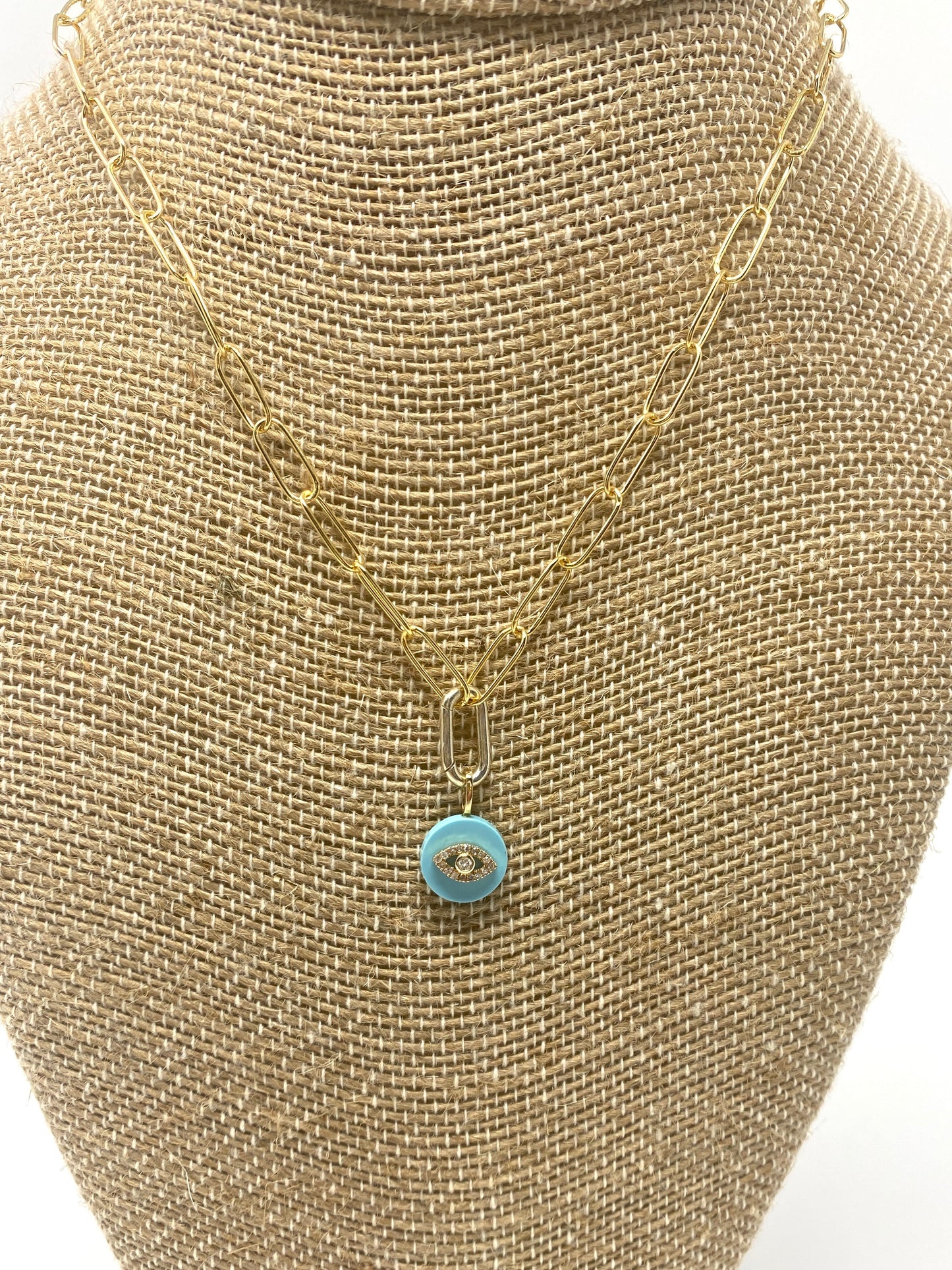 Gold Filled Paper Clip Chain Necklace With Tiffany Blue and Diamond Evil Eye Small Pendant