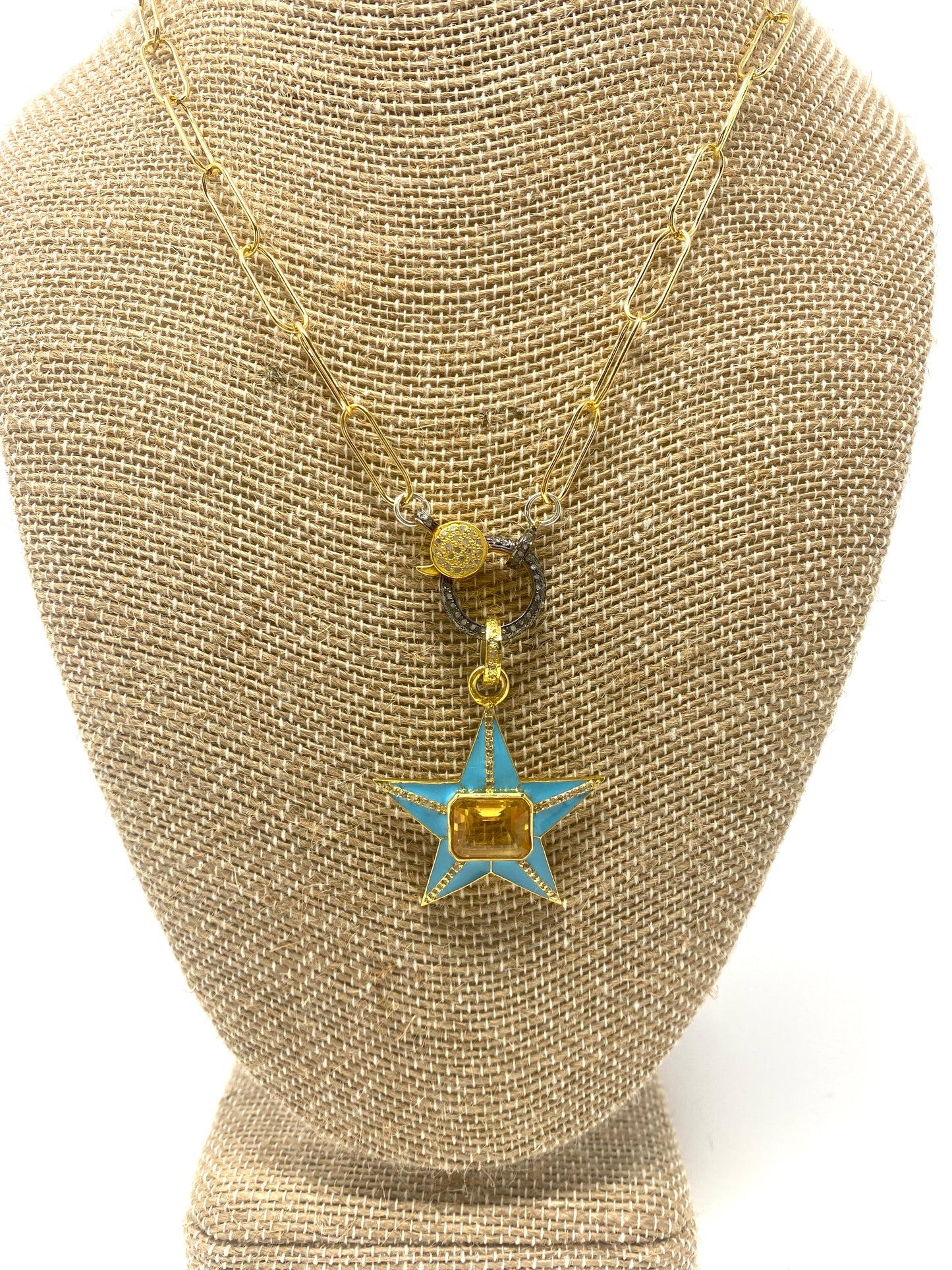 Gold Filled Paper Clip Chain Necklace With Diamond and Turquoise Enamel and Citrine and Diamond Star Pendant on Diamond Lobster Clasp