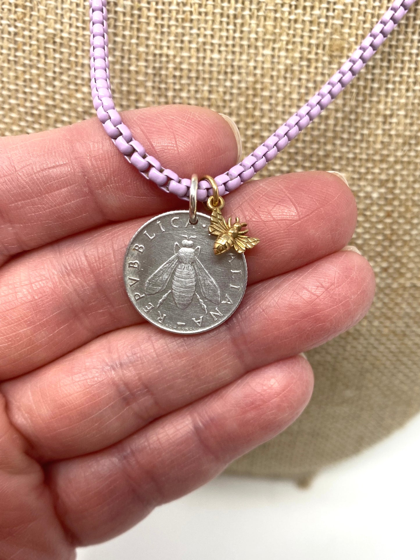 Lavender Enamel Box Chain Necklace With Silver Bee Coin Pendant and Tiny Bee Charm
