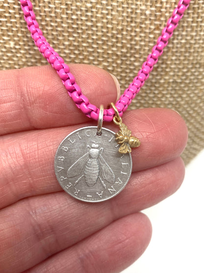 Hot Pink Enamel Box Chain Necklace With Silver Bee Coin Pendant and Tiny Bee Charm