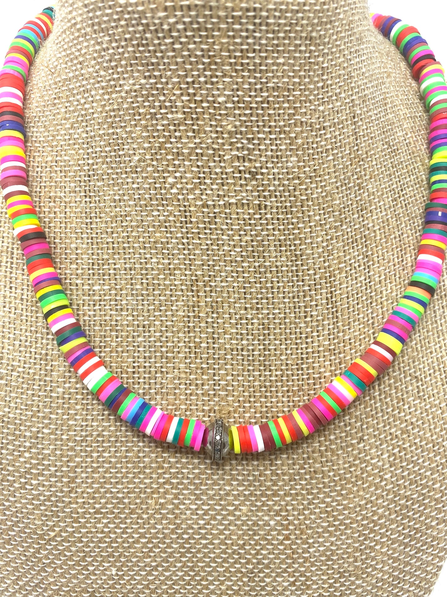 Bright Multicolor Rubber Disc Necklace With Oxidized Diamond Bead