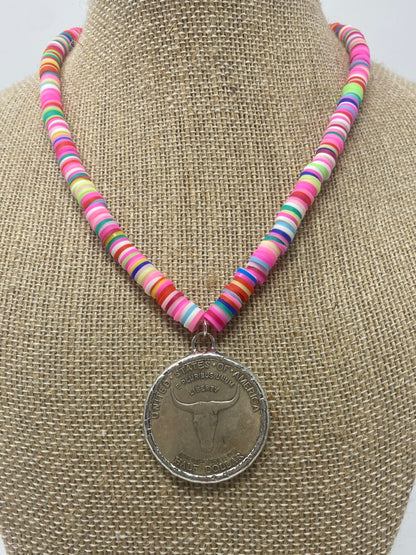 Bright Multicolor Rubber Disc Necklace With Vintage Longhorn Coin Pendant