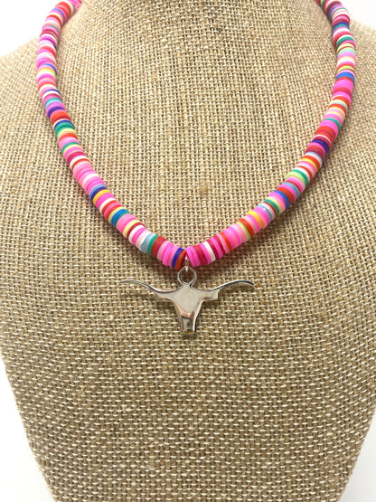 Multicolor Bright Rubber Disc Necklace With Sterling Silver Longhorn Pendant