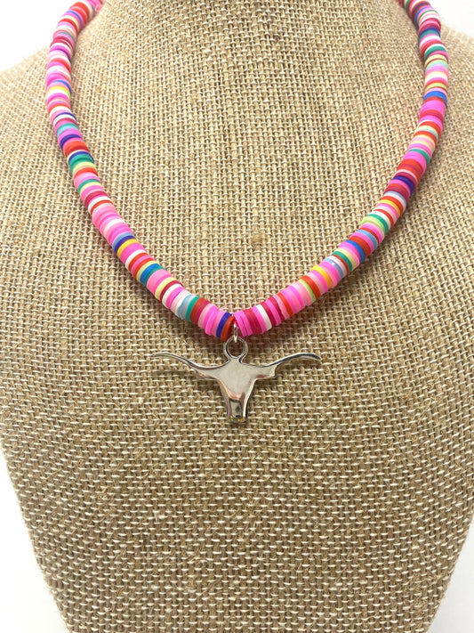 Multicolor Bright Rubber Disc Necklace With Sterling Silver Longhorn Pendant