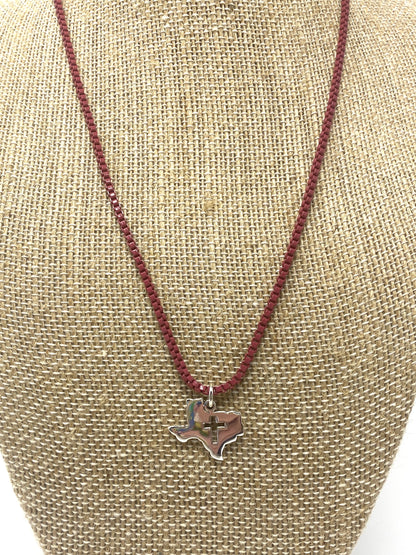 Maroon Enamel Box Chain With Sterling Silver Texas Pendant