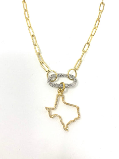 Gold Filled Chain Necklace With Diamond Carabiner and Diamond Texas Pendant