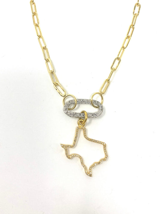 Gold Filled Chain Necklace With Diamond Carabiner and Diamond Texas Pendant