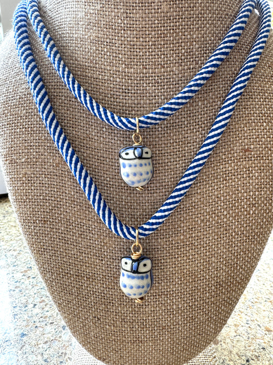 Blue Cord Owl Necklace