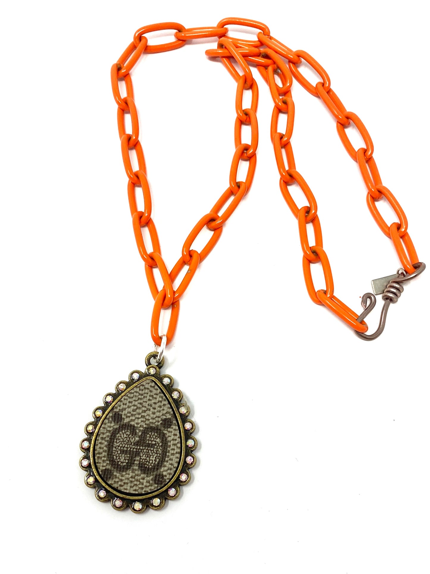 Orange Enamel Chain Necklace With Signature "GG" Pendant