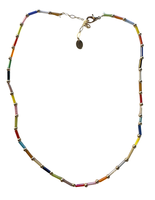 Rainbow Tube and Gold Bead Necklace