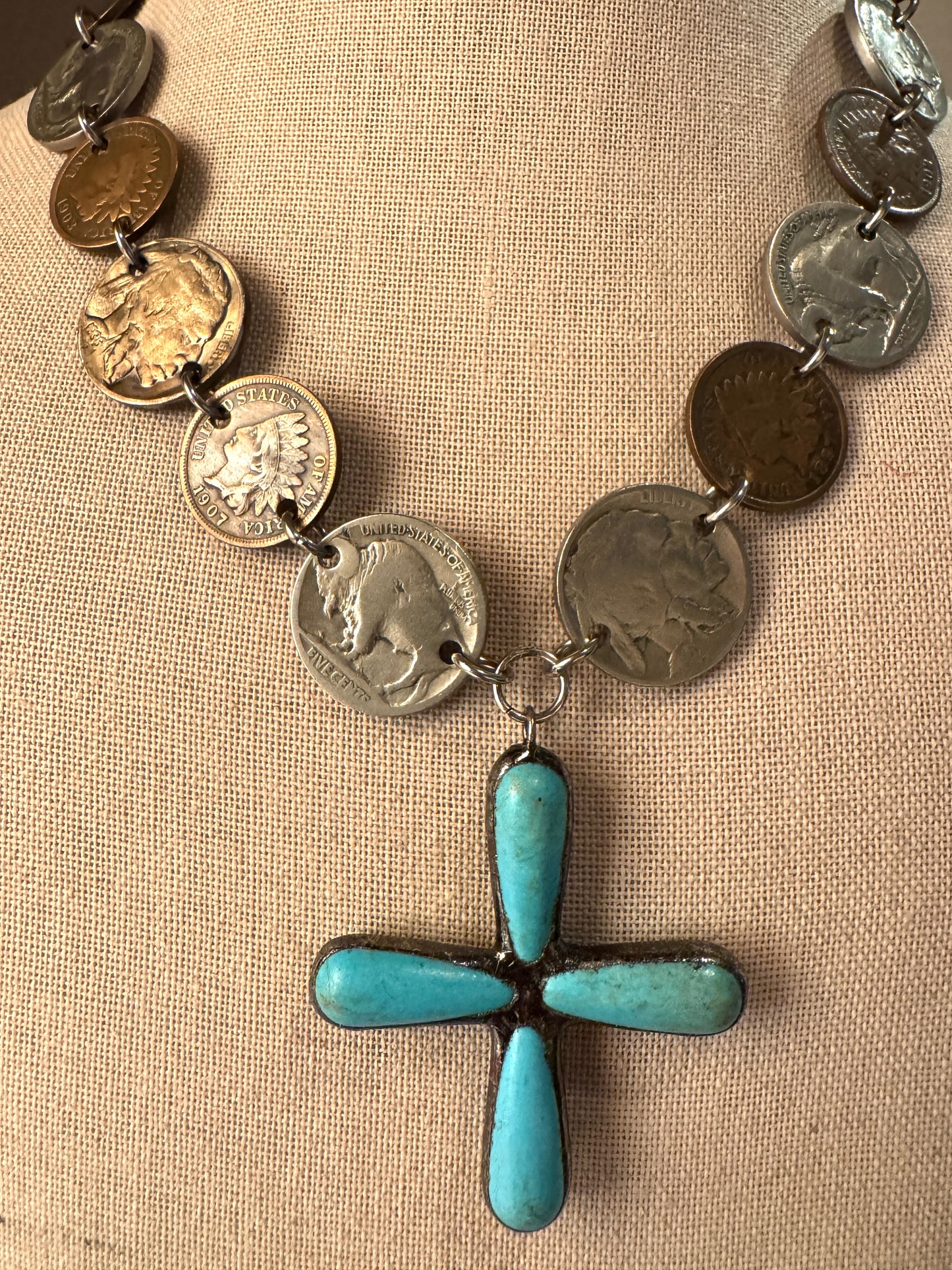 Vintage Coin Necklace with Turquoise Cross