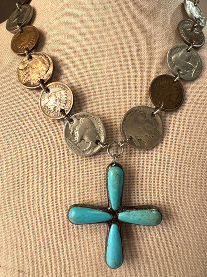 Vintage Coin Necklace with Turquoise Cross