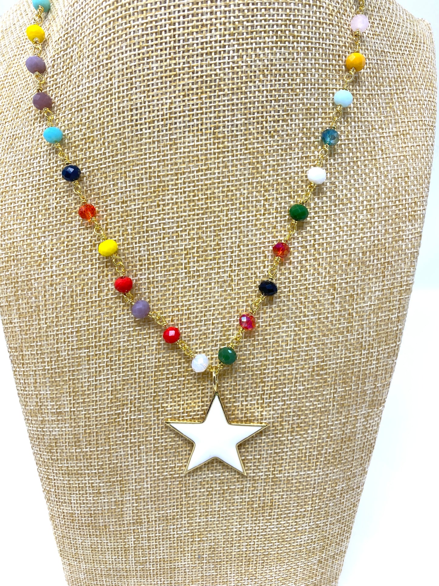 White Enamel Star Pendant on Multicolor Beaded Chain Necklace