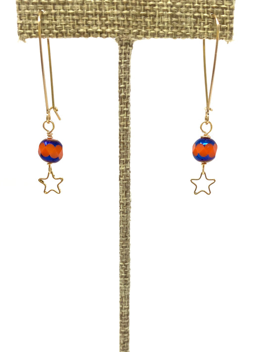 Orange and Blue Bead Gold Filled Drop Earrings With Star Silhouette Star