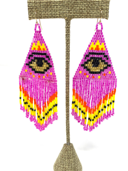 Bright Pink Evil Eye Seed Bead Drop Earrings