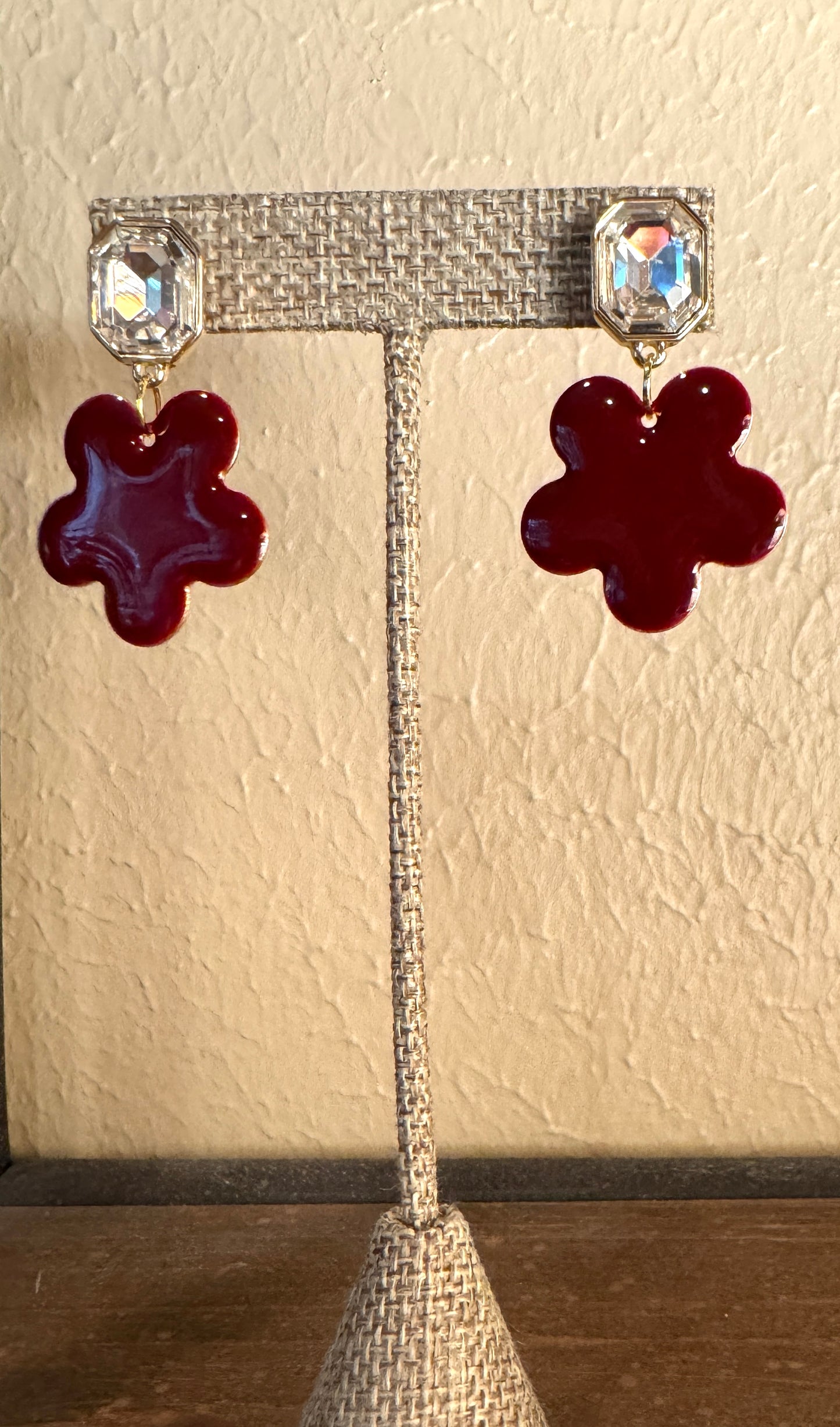 Burgundy Enamel Flower Earrings