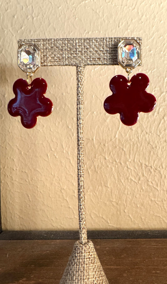 Burgundy Enamel Flower Earrings