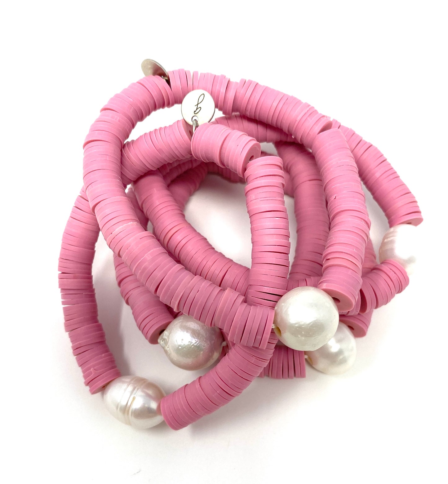 Soft Pink Rubber Disc Elastic Bracelet With Large Freshwater Pearl