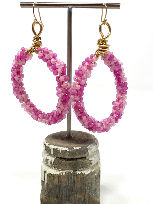 Pink Seed Bead Wire Wrapped Earrings on Gold Filled Hoops and Earring Wire