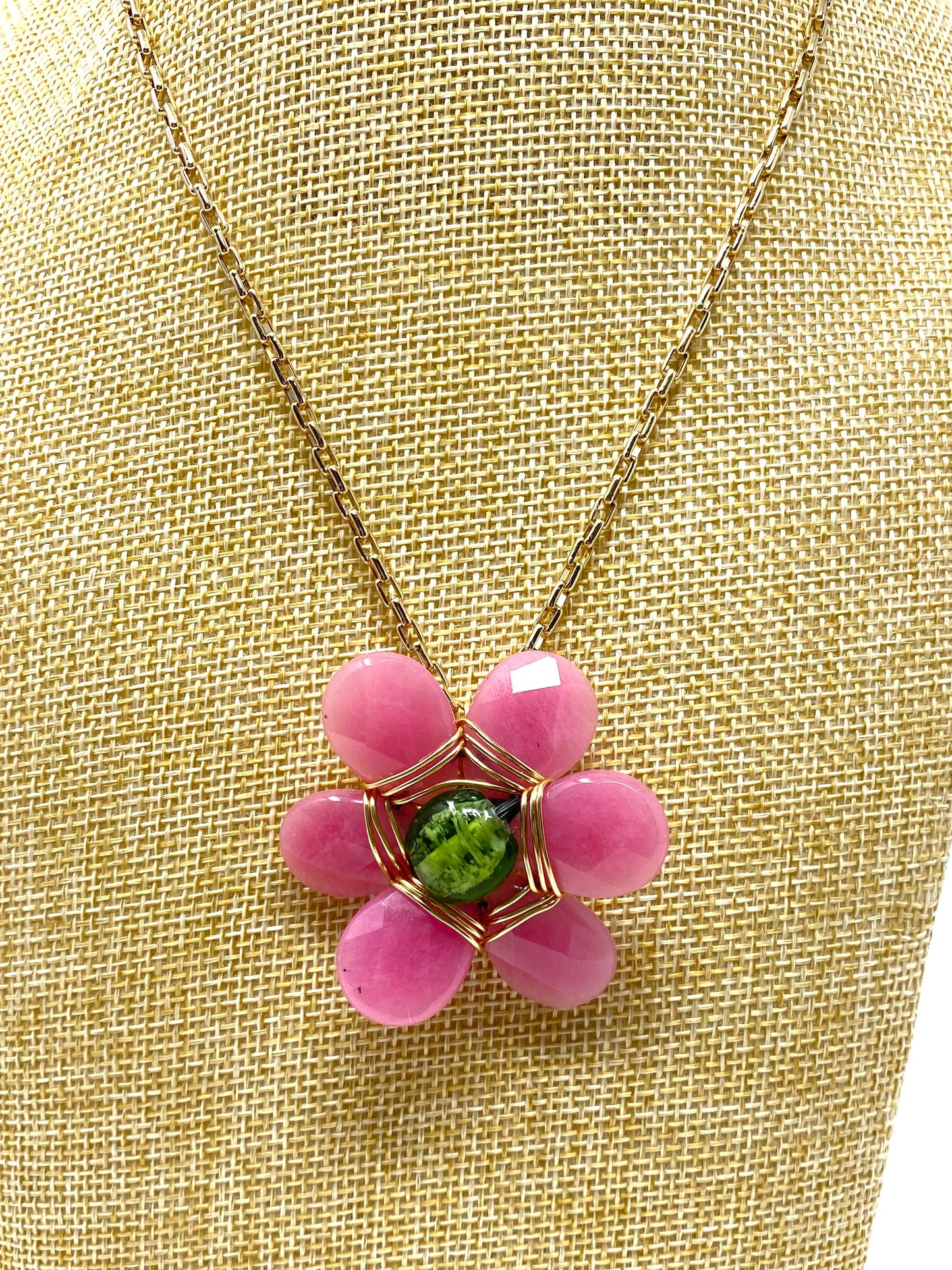 Pink and Green Flower Pendant on Gold Filled Chain Necklace