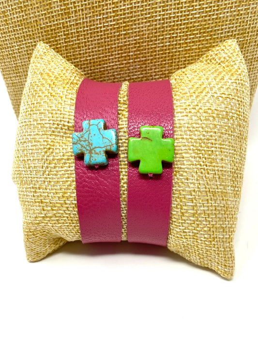 Hot Pink Leather Cuff Bracelet With Turquoise or Green Howlite Cross