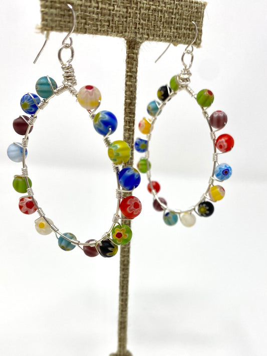 Multi Color Wire Wrapped Sterling Silver Hoop Earrings