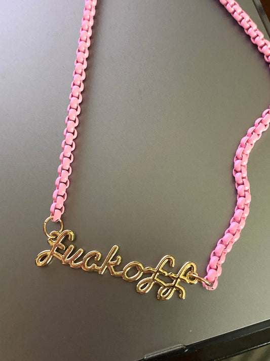 Pink Enamel Box Chain Necklace With Gold Plated "F***off" Connector