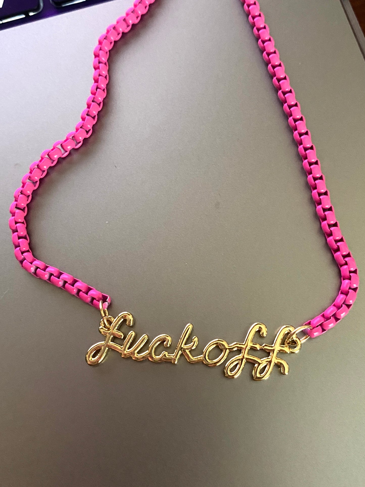 Pink Enamel Box Chain Necklace With Gold Plated "F***off" Connector