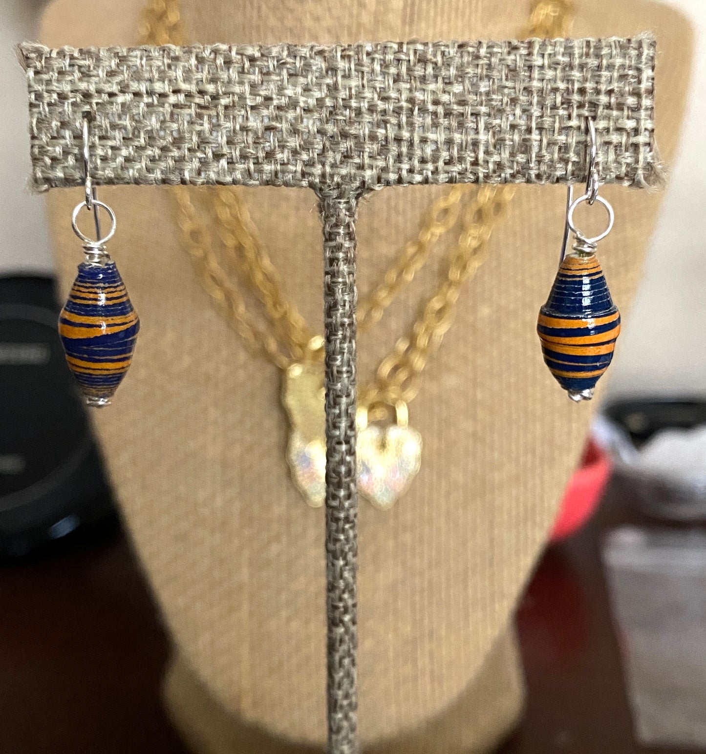 Orange and Blue Paper Beaded Earrings on Sterling Silver Earring Wire
